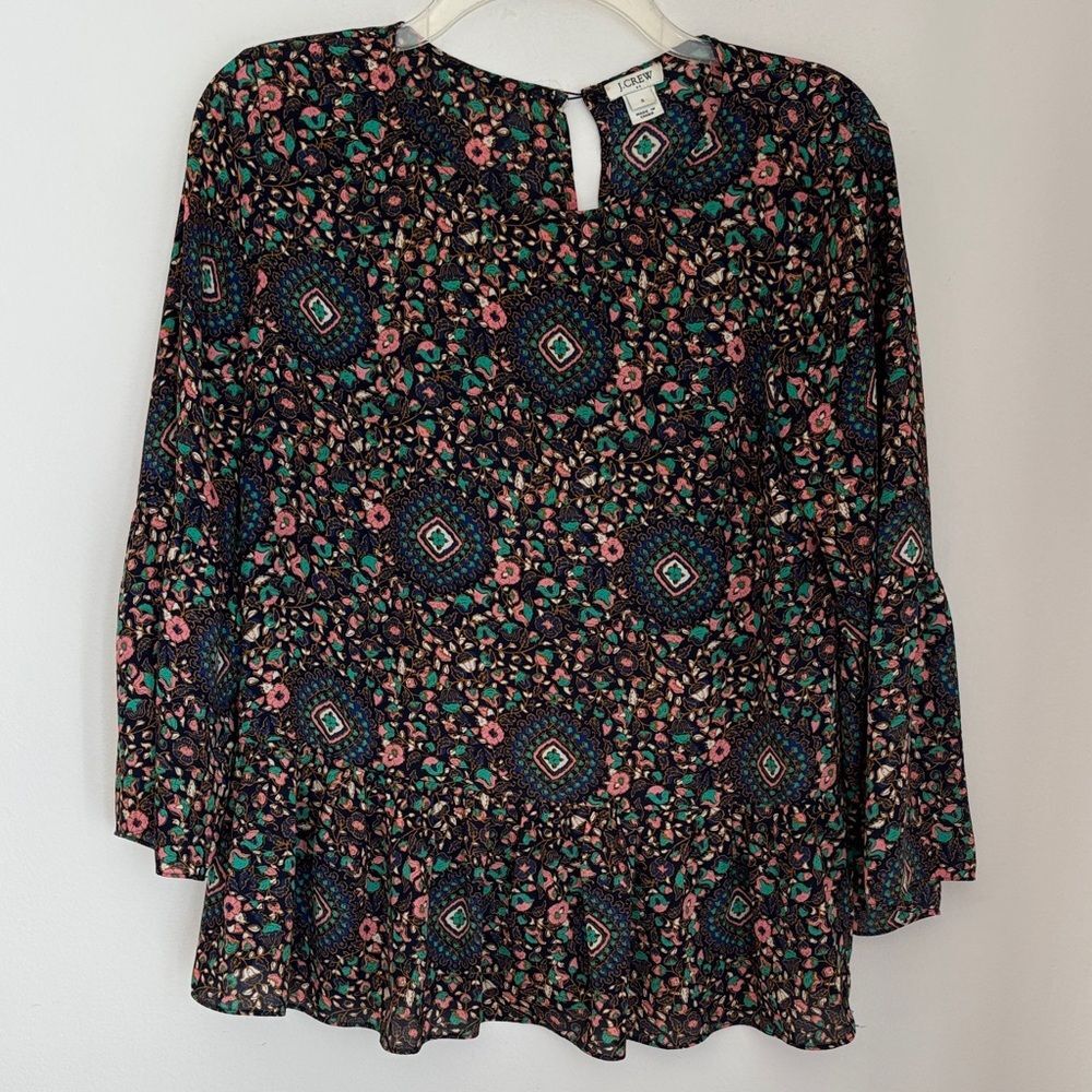 J. Crew women’s geometric Multicolor Floral peplum top Blouse size small EUC